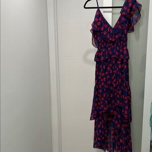 Misa Los Angeles Blue Dress with Red Leaf Pattern